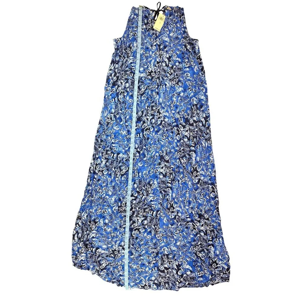 Lucky Brand Blue Floral Halter Maxi Dress Adjustable Tasseled Ties Size Large - Picture 10 of 10